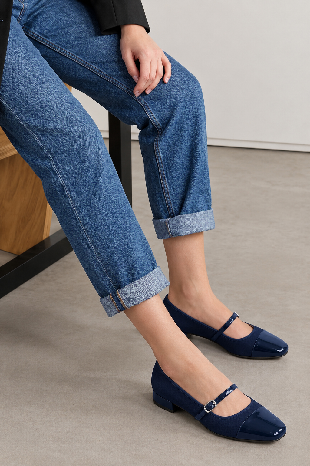 Women's navy blue low-heel ballet flats with square toe and low block heel - Top view